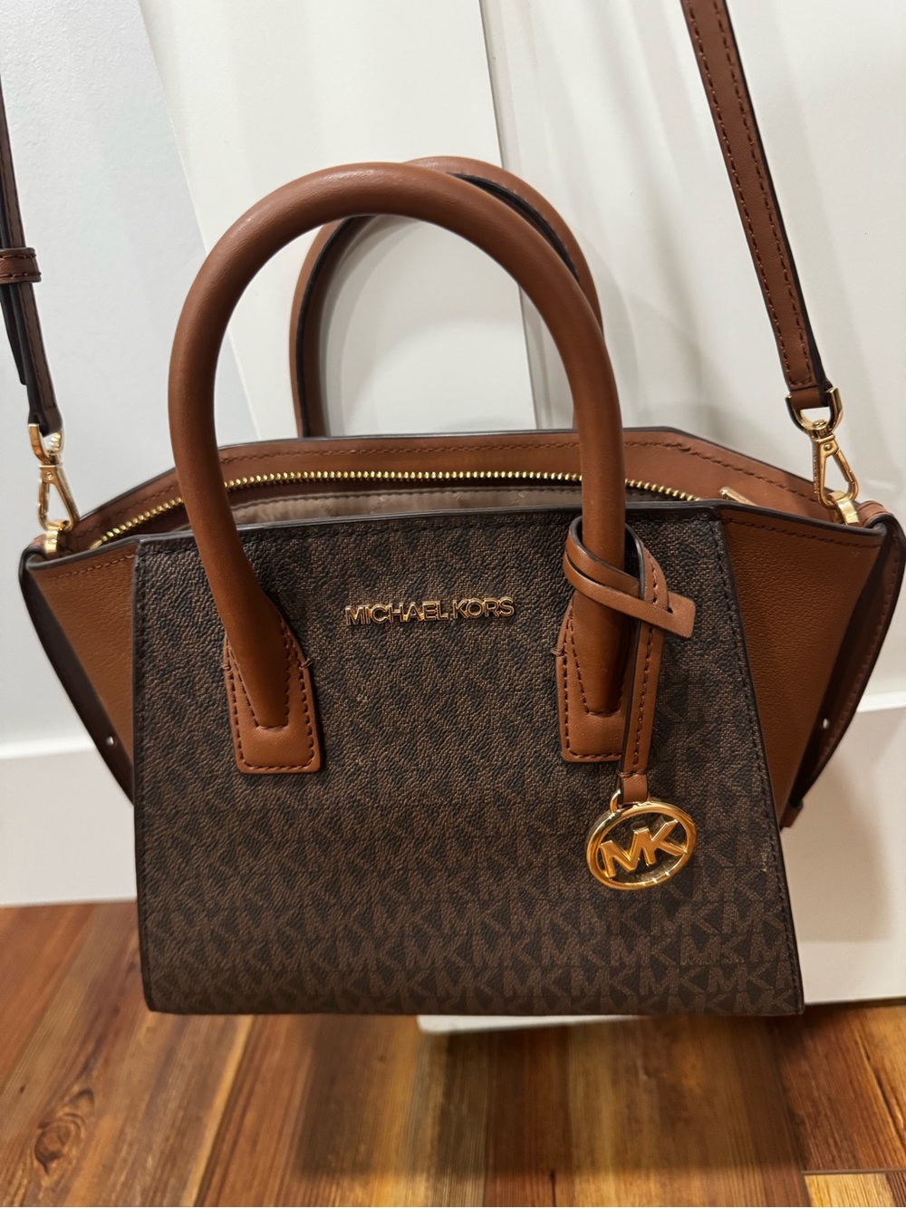 Michael Kors Brown and Tan Signature Satchel with Gold Hardware